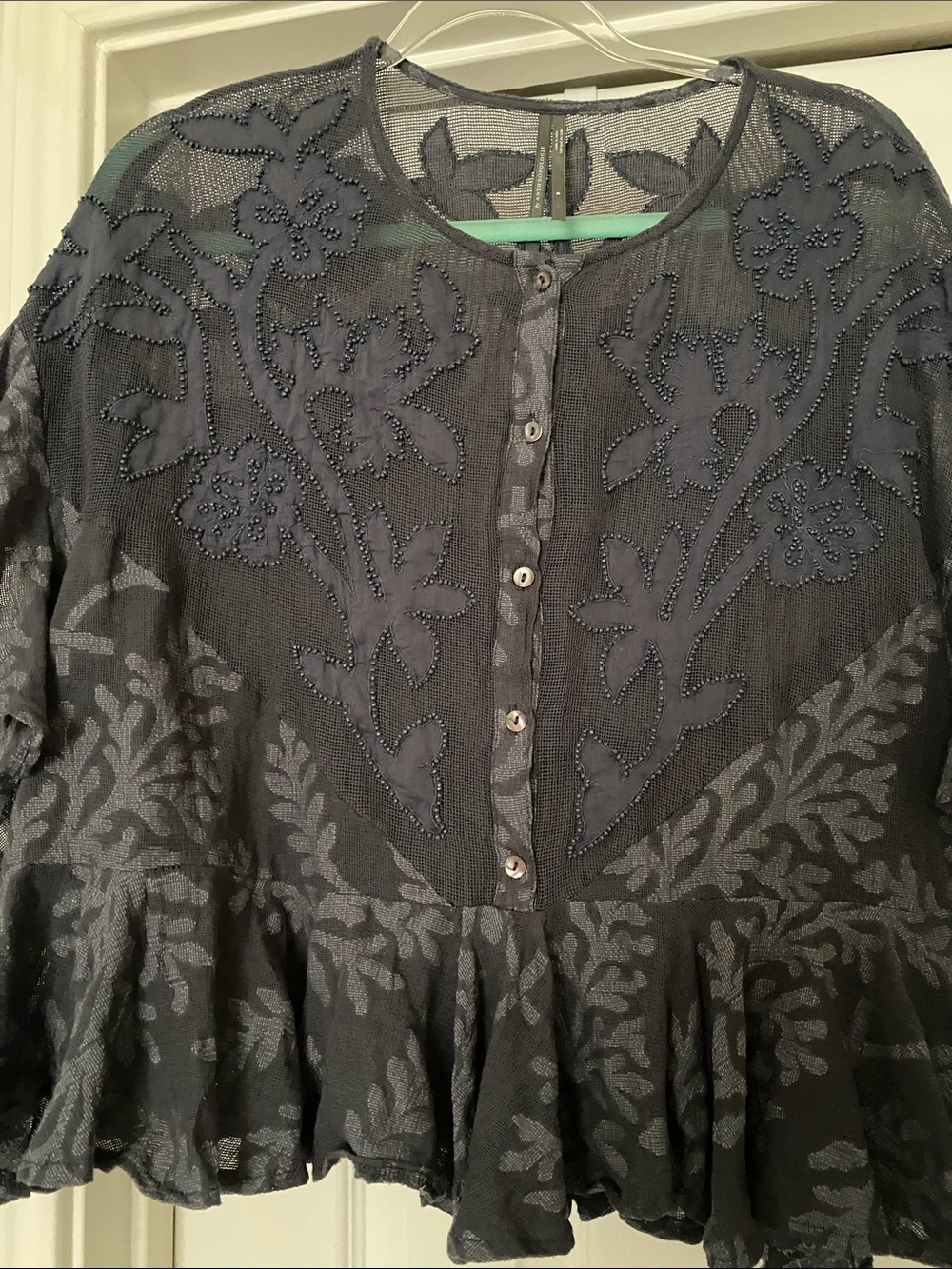 Anthropologie Women’s Navy Lace Embroidered Ruffle Hem Blouse - Picture 7 of 8
